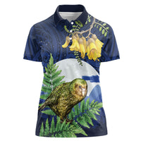 Kakapo New Zealand Personalised Women Polo Shirt Kowhai Flower Silver Fern Maori Pattern