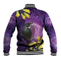 New Zealand Tui Bird Matariki Baseball Jacket Kowhai Flower Silver Fern Galaxy Maori Pattern LT22 - Polynesian Pride