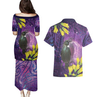 New Zealand Tui Bird Matariki Couples Matching Puletasi and Hawaiian Shirt Kowhai Flower Silver Fern Galaxy Maori Pattern LT22 - Polynesian Pride