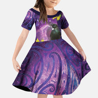New Zealand Tui Bird Matariki Family Matching Mermaid Dress and Hawaiian Shirt Kowhai Flower Silver Fern Galaxy Maori Pattern LT22 Daughter's Dress Purple - Polynesian Pride