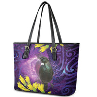 New Zealand Tui Bird Matariki Leather Tote Bag Kowhai Flower Silver Fern Galaxy Maori Pattern LT22 - Polynesian Pride