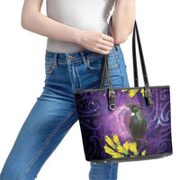 New Zealand Tui Bird Matariki Leather Tote Bag Kowhai Flower Silver Fern Galaxy Maori Pattern LT22 - Polynesian Pride