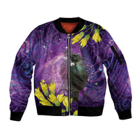 New Zealand Tui Bird Matariki Sleeve Zip Bomber Jacket Kowhai Flower Silver Fern Galaxy Maori Pattern LT22 Unisex Purple - Polynesian Pride
