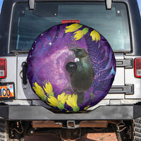 New Zealand Tui Bird Matariki Spare Tire Cover Kowhai Flower Silver Fern Galaxy Maori Pattern LT22 Purple - Polynesian Pride
