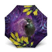 New Zealand Tui Bird Matariki Umbrella Kowhai Flower Silver Fern Galaxy Maori Pattern LT22 One Size Folded 11.42 inch Opened Diameter 37.4 inch Purple - Polynesian Pride