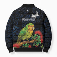 New Zealand Kakapo Matariki Personalised Bomber Puffer Jacket Pohutukawa Flower Galaxy Maori Pattern