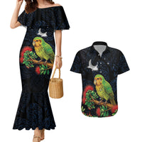 New Zealand Kakapo Matariki Personalised Couples Matching Mermaid Dress and Hawaiian Shirt Pohutukawa Flower Galaxy Maori Pattern LT22 Black - Polynesian Pride