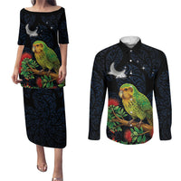 New Zealand Kakapo Matariki Personalised Couples Matching Puletasi and Long Sleeve Button Shirt Pohutukawa Flower Galaxy Maori Pattern LT22 Black - Polynesian Pride