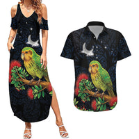 New Zealand Kakapo Matariki Personalised Couples Matching Summer Maxi Dress and Hawaiian Shirt Pohutukawa Flower Galaxy Maori Pattern LT22 Black - Polynesian Pride