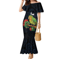 New Zealand Kakapo Matariki Personalised Family Matching Mermaid Dress and Hawaiian Shirt Pohutukawa Flower Galaxy Maori Pattern LT22 Mom's Dress Black - Polynesian Pride