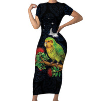 New Zealand Kakapo Matariki Personalised Family Matching Short Sleeve Bodycon Dress and Hawaiian Shirt Pohutukawa Flower Galaxy Maori Pattern LT22 Mom's Dress Black - Polynesian Pride