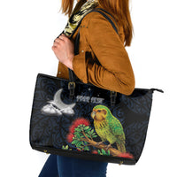 New Zealand Kakapo Matariki Personalised Leather Tote Bag Pohutukawa Flower Galaxy Maori Pattern LT22 Black - Polynesian Pride