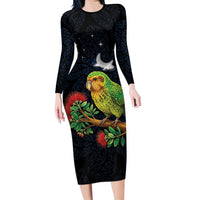 New Zealand Kakapo Matariki Personalised Long Sleeve Bodycon Dress Pohutukawa Flower Galaxy Maori Pattern LT22 Long Dress Black - Polynesian Pride