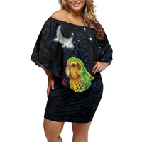 New Zealand Kakapo Matariki Personalised Off Shoulder Short Dress Pohutukawa Flower Galaxy Maori Pattern LT22 Women Black - Polynesian Pride