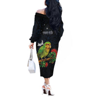 New Zealand Kakapo Matariki Personalised Off The Shoulder Long Sleeve Dress Pohutukawa Flower Galaxy Maori Pattern LT22 - Polynesian Pride
