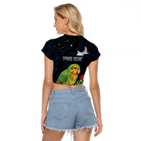 New Zealand Kakapo Matariki Personalised Raglan Cropped T Shirt Pohutukawa Flower Galaxy Maori Pattern LT22 - Polynesian Pride