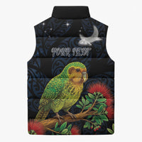 New Zealand Kakapo Matariki Personalised Sleeveless Puffer Jacket Pohutukawa Flower Galaxy Maori Pattern