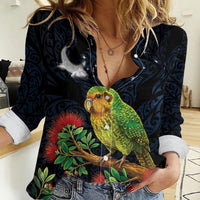 New Zealand Kakapo Matariki Personalised Women Casual Shirt Pohutukawa Flower Galaxy Maori Pattern LT22 Female Black - Polynesian Pride