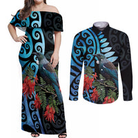 Tui Bird Kakabeak New Zealand Couples Matching Off Shoulder Maxi Dress and Long Sleeve Button Shirt Clianthus Galaxy Maori Koru Pattern LT22 Blue - Polynesian Pride