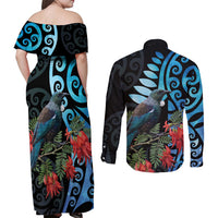 Tui Bird Kakabeak New Zealand Couples Matching Off Shoulder Maxi Dress and Long Sleeve Button Shirt Clianthus Galaxy Maori Koru Pattern LT22 - Polynesian Pride