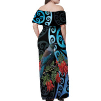 Tui Bird Kakabeak New Zealand Family Matching Off Shoulder Maxi Dress and Hawaiian Shirt Clianthus Galaxy Maori Koru Pattern LT22 - Polynesian Pride