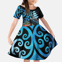 Tui Bird Kakabeak New Zealand Family Matching Summer Maxi Dress and Hawaiian Shirt Clianthus Galaxy Maori Koru Pattern LT22 Daughter's Dress Blue - Polynesian Pride