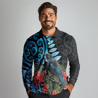 Tui Bird Kakabeak New Zealand Long Sleeve Polo Shirt Clianthus Galaxy Maori Koru Pattern LT22 - Polynesian Pride