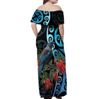 Tui Bird Kakabeak New Zealand Off Shoulder Maxi Dress Clianthus Galaxy Maori Koru Pattern