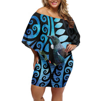 Tui Bird Kakabeak New Zealand Off Shoulder Short Dress Clianthus Galaxy Maori Koru Pattern LT22 Women Blue - Polynesian Pride