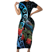 Tui Bird Kakabeak New Zealand Short Sleeve Bodycon Dress Clianthus Galaxy Maori Koru Pattern LT22 Long Dress Blue - Polynesian Pride