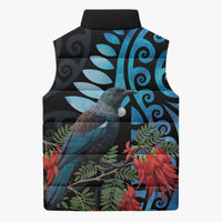 Tui Bird Kakabeak New Zealand Sleeveless Puffer Jacket Clianthus Galaxy Maori Koru Pattern