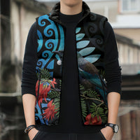 Tui Bird Kakabeak New Zealand Sleeveless Puffer Jacket Clianthus Galaxy Maori Koru Pattern