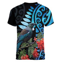 Tui Bird Kakabeak New Zealand Women V-Neck T-Shirt Clianthus Galaxy Maori Koru Pattern LT22 - Polynesian Pride