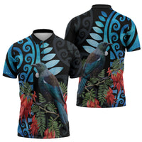 Tui Bird Kakabeak New Zealand Zipper Polo Shirt Clianthus Galaxy Maori Koru Pattern LT22 - Polynesian Pride