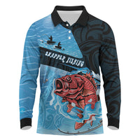 Personalised Snapper Fishing New Zealand Long Sleeve Polo Shirt Tamure Fish Hook Maori Pattern LT22 Blue - Polynesian Pride