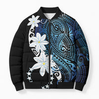 Cook Islands Maori Language Week Bomber Puffer Jacket Tiare Maori Kuki Airani Blue Pattern