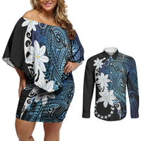 Cook Islands Maori Language Week Couples Matching Off Shoulder Short Dress and Long Sleeve Button Shirt Tiare Maori Kuki Airani Blue Pattern