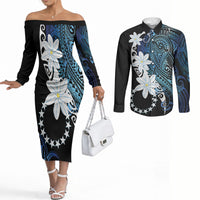 Cook Islands Maori Language Week Couples Matching Off The Shoulder Long Sleeve Dress and Long Sleeve Button Shirt Tiare Maori Kuki Airani Blue Pattern