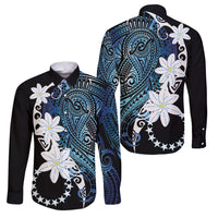 Cook Islands Maori Language Week Family Matching Off The Shoulder Long Sleeve Dress and Hawaiian Shirt Tiare Maori Kuki Airani Blue Pattern
