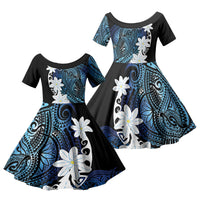 Cook Islands Maori Language Week Family Matching Off The Shoulder Long Sleeve Dress and Hawaiian Shirt Tiare Maori Kuki Airani Blue Pattern