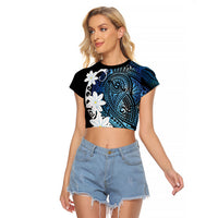 Cook Islands Maori Language Week Raglan Cropped T Shirt Tiare Maori Kuki Airani Blue Pattern