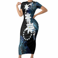 Cook Islands Maori Language Week Short Sleeve Bodycon Dress Tiare Maori Kuki Airani Blue Pattern