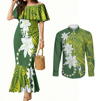 Cook Islands Maori Language Week Couples Matching Mermaid Dress and Long Sleeve Button Shirt Tiare Maori Kuki Airani Green Pattern