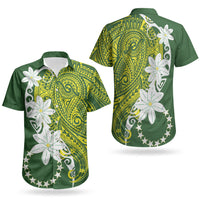 Cook Islands Maori Language Week Couples Matching Off Shoulder Short Dress and Hawaiian Shirt Tiare Maori Kuki Airani Green Pattern