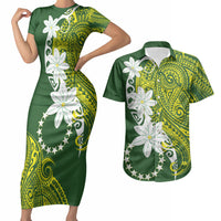 Cook Islands Maori Language Week Couples Matching Short Sleeve Bodycon Dress and Hawaiian Shirt Tiare Maori Kuki Airani Green Pattern
