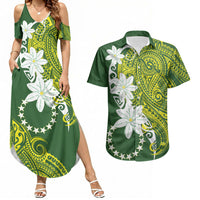 Cook Islands Maori Language Week Couples Matching Summer Maxi Dress and Hawaiian Shirt Tiare Maori Kuki Airani Green Pattern