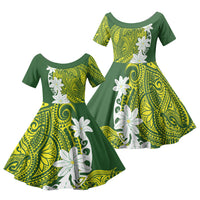 Cook Islands Maori Language Week Family Matching Off The Shoulder Long Sleeve Dress and Hawaiian Shirt Tiare Maori Kuki Airani Green Pattern