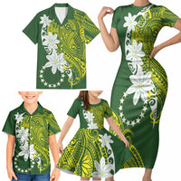 Cook Islands Maori Language Week Family Matching Short Sleeve Bodycon Dress and Hawaiian Shirt Tiare Maori Kuki Airani Green Pattern