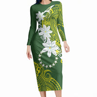 Cook Islands Maori Language Week Long Sleeve Bodycon Dress Tiare Maori Kuki Airani Green Pattern