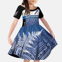 Personalised Cycling New Zealand Kid Short Sleeve Dress Aotearoa Map Fern Maori Pattern LT22 KID Blue - Polynesian Pride